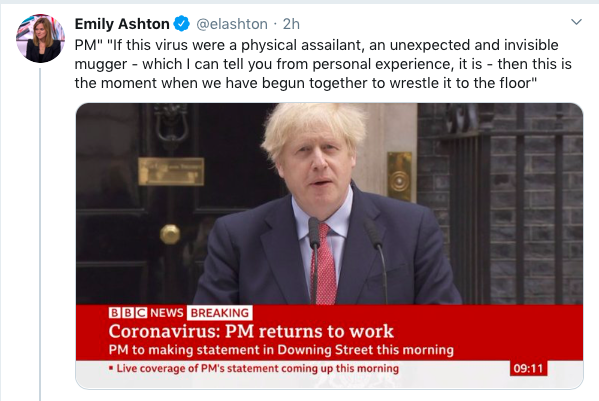 elenasemino's tweet photo. The main rhetorical strength/weakness of the UK PM's 'unexpected and invisible mugger' metaphor is that it exploits his own illness to conflate personal and public health. So victim-status and self-defence (for those who would wrestle a mugger) are also equally shared. https://t.co/rRM8uA3kK7