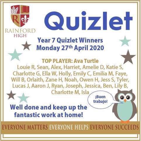 Well done Year 7! Some excellent work on Quizlet this morning 💃🏼🕺🏽There’ll be more Quizlet Live this week for other Year Groups. Codes will be shared on SMHW #EveryoneSucceeds