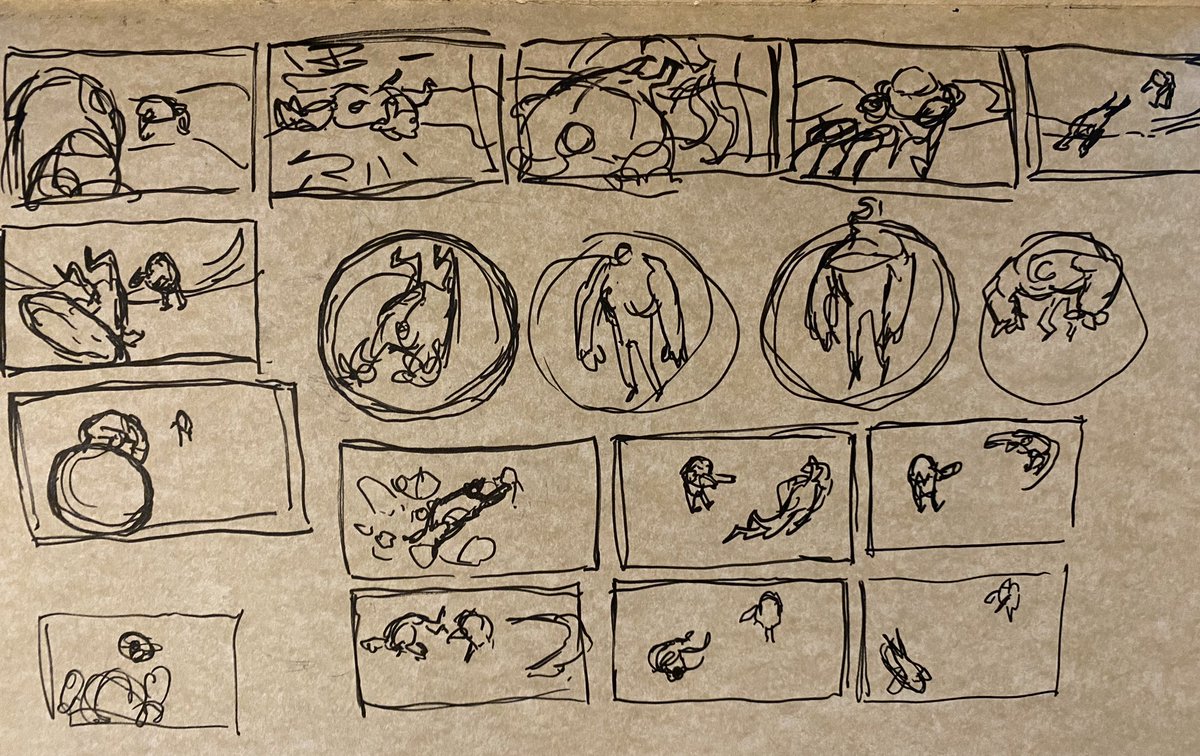Hey you wanna know how “good” you need to be able to draw to be a CN storyboard artist, this was my thumbnail pass at a fight between Ben, Hex, and Kevin in Greatest Lake. (Including the part where I lost my train of thought and started drawing beefy dudes instead)