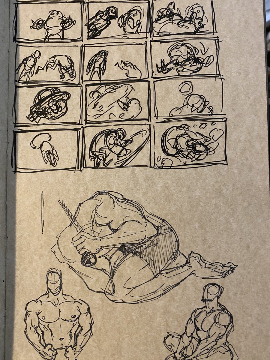 Hey you wanna know how “good” you need to be able to draw to be a CN storyboard artist, this was my thumbnail pass at a fight between Ben, Hex, and Kevin in Greatest Lake. (Including the part where I lost my train of thought and started drawing beefy dudes instead)