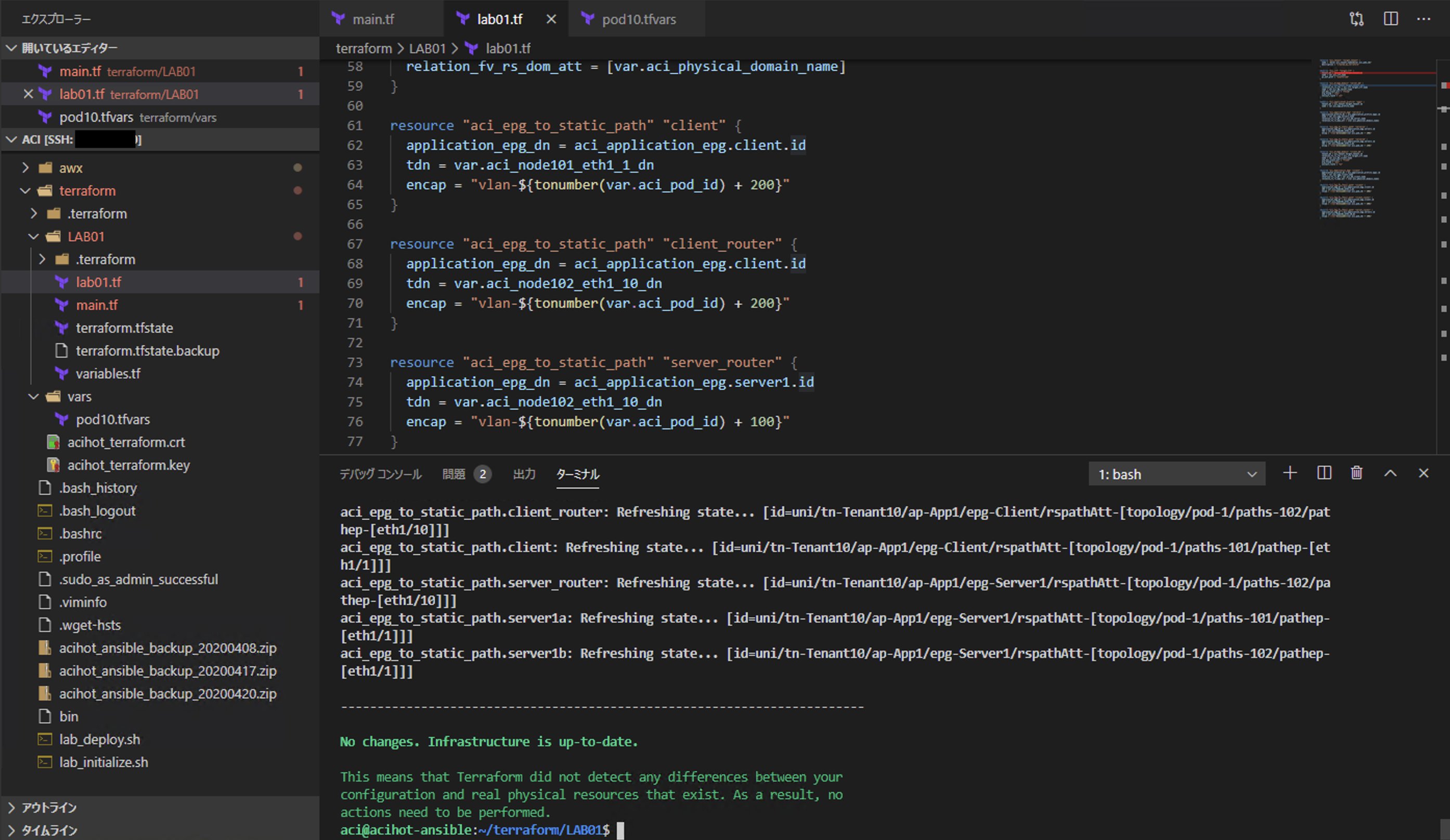 Takao Setaka Ciscoaci Terraform はひとまず基本的な範囲はおおよそ確認できた Ansibleとの比較という意味では Aciを対象とする限りは好みの問題かな ただ 情報の充実度とリファレンスの正確性という意味では 今のところはまだまだansibleの方に