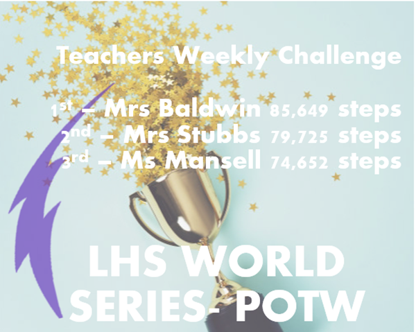 LboroHSSport's tweet photo. Your teachers have been taking part in the weekly steps challenge as well - here are your top three from week 1. Well done to Mrs Baldwin topping the leaderboard this week! #StayActive #LHSWS https://t.co/9iPX8yR8JN