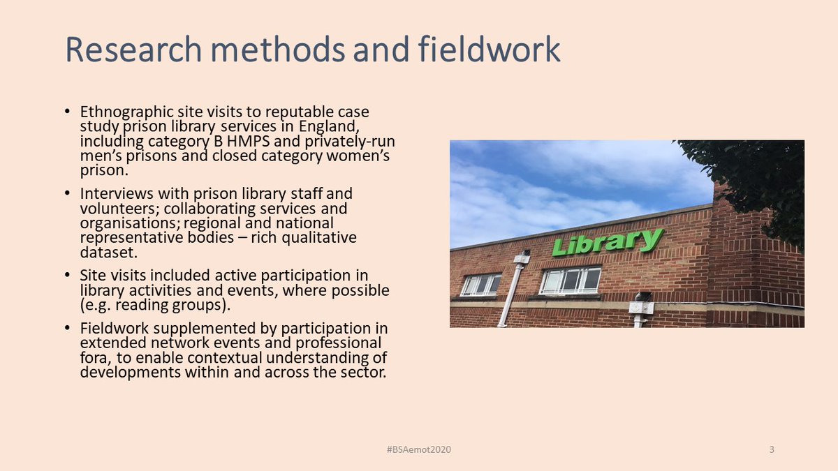 3/10 Case studies were developed following  #ethnographic fieldwork with a range of prison library services in England, including interviews with staff, volunteers and collaborating organisations, supplemented by engagement with the wider professional community.  #BSAemot2020