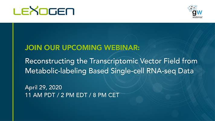 lexogen's tweet photo. Don't miss the #webinar talk of @Xiaojie_Qiu from the Weissman lab at @UCSF on April 29. Join and learn how they used #SLAMseq kit for reconstructing the transcriptomic vector field from metabolic-labeling based #singlecell #RNAseq data. Register now: https://t.co/0V395S7g2W https://t.co/XGK9wSWYjB