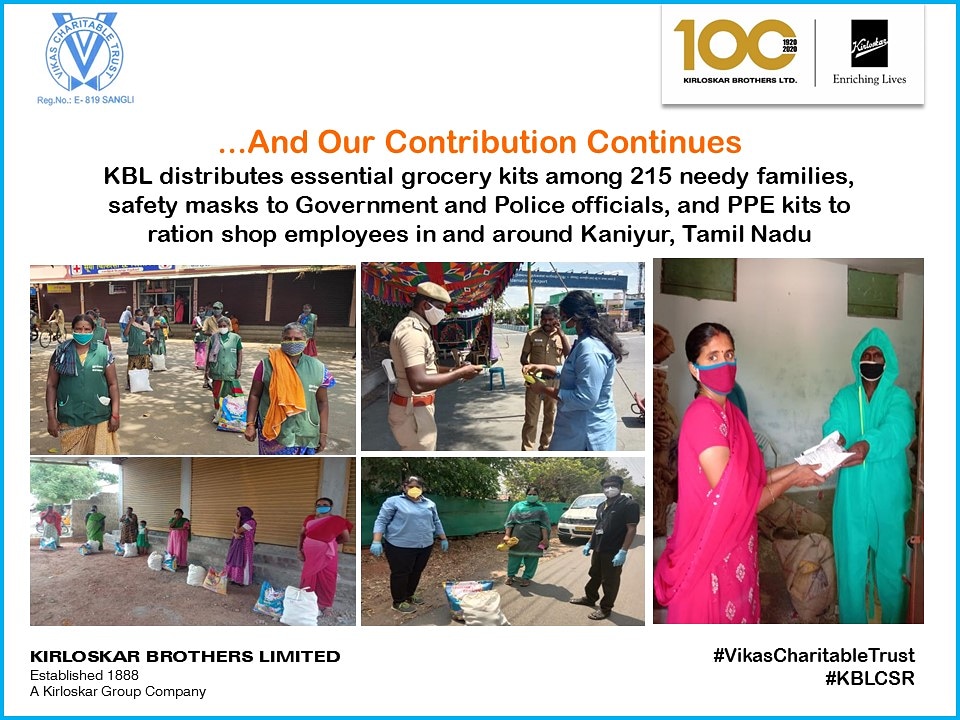 KBLPumps's tweet photo. #KBL recently distributed grocery kits to around 215 needy families in Kaniyur with support of local administration. We also distributed safety masks to local govt. & police officials and PPE kits to ration shop employees. #VikasCharitableTrust #KBLCSR #FightAgainstCoronavirus https://t.co/RCzDItuuUD