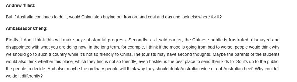 Australia: Cheng Jingye says: Nice little tourism, education, wine and beef businesses you have there. It would be a pity if anything should happen to them because the Chinese people are upset with you http://au.china-embassy.org/eng/sghdxwfb_1/t1773741.htm