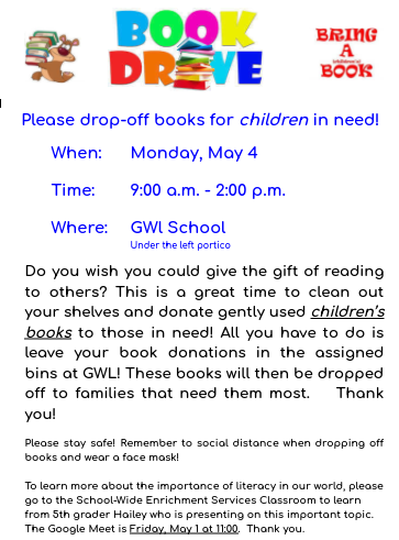 gwlswes's tweet image. GWL Book Drive! May 4th!  A 5th Grader is promoting this special event and spreading awareness.  Please help children in GWL with the gift of literacy! See the flyer for more details. @GWLSchool @LibraryLadyGWL #gwlstrong #bookdrive