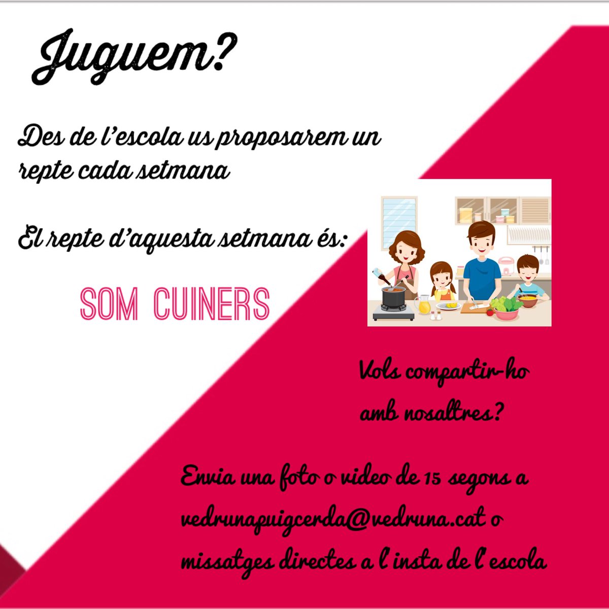 VedrunaPuigcer's tweet photo. 📢Des de l’escola us proposarem un repte cada setmana.
El repte d’aquesta es tracta que ens compartiu imatges cuinant 👩🏽‍🍳👨🏽‍🍳🧑🏼‍🍳amb els vostres fills/filles: pastissos, galetes... i tot el què se us acudeixi. Nosaltres ho publicarem a les xarxes socials de l’escola!
#jaquedamenys https://t.co/MwtNsWk6J5