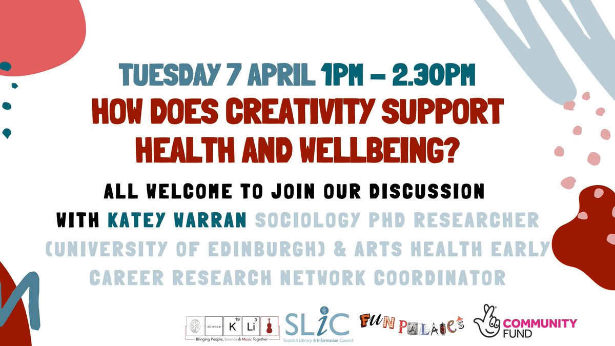 🎨🧠How does creativity support health & wellbeing?

Our next live chat this Tues 1pm will explore the research behind this with @Katey_W (@uoessps @edfringe PhD researcher & @ArtsHealthECRN Coordinator)

All welcome via our Culture & Wellbeing FB network
facebook.com/groups/culture…