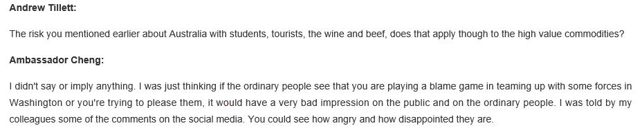 Australia: It is not the party-state making these threats. It is "the Chinese people" who are now angry http://au.china-embassy.org/eng/sghdxwfb_1/t1773741.htm