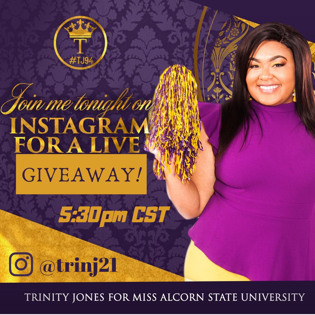 trin_j20's tweet photo. Join Trinity Jones, 94th Miss Alcorn State University candidate, tonight, April 27th on Instagram at 5:30pm CST for a live Giveaway! #CreatingALastingLegacy👑 #trinforthewin #TJ94 https://t.co/GEd5SFyMYb