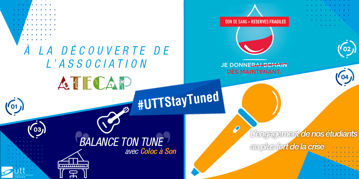 UTTroyes's tweet photo. On repart pour nouvelle semaine et on reste connecté avec le programme #UTTSTAYTUNED !
Vous allez pouvoir ainsi découvrir:
- L'association #Atecap,
- Les infos sur @EFS_dondesang,
- Une vidéo "balance ton tune",
- Des interviews de nos (ex)étudiants qui sont au cœur de la crise. https://t.co/bNz6itQWfb