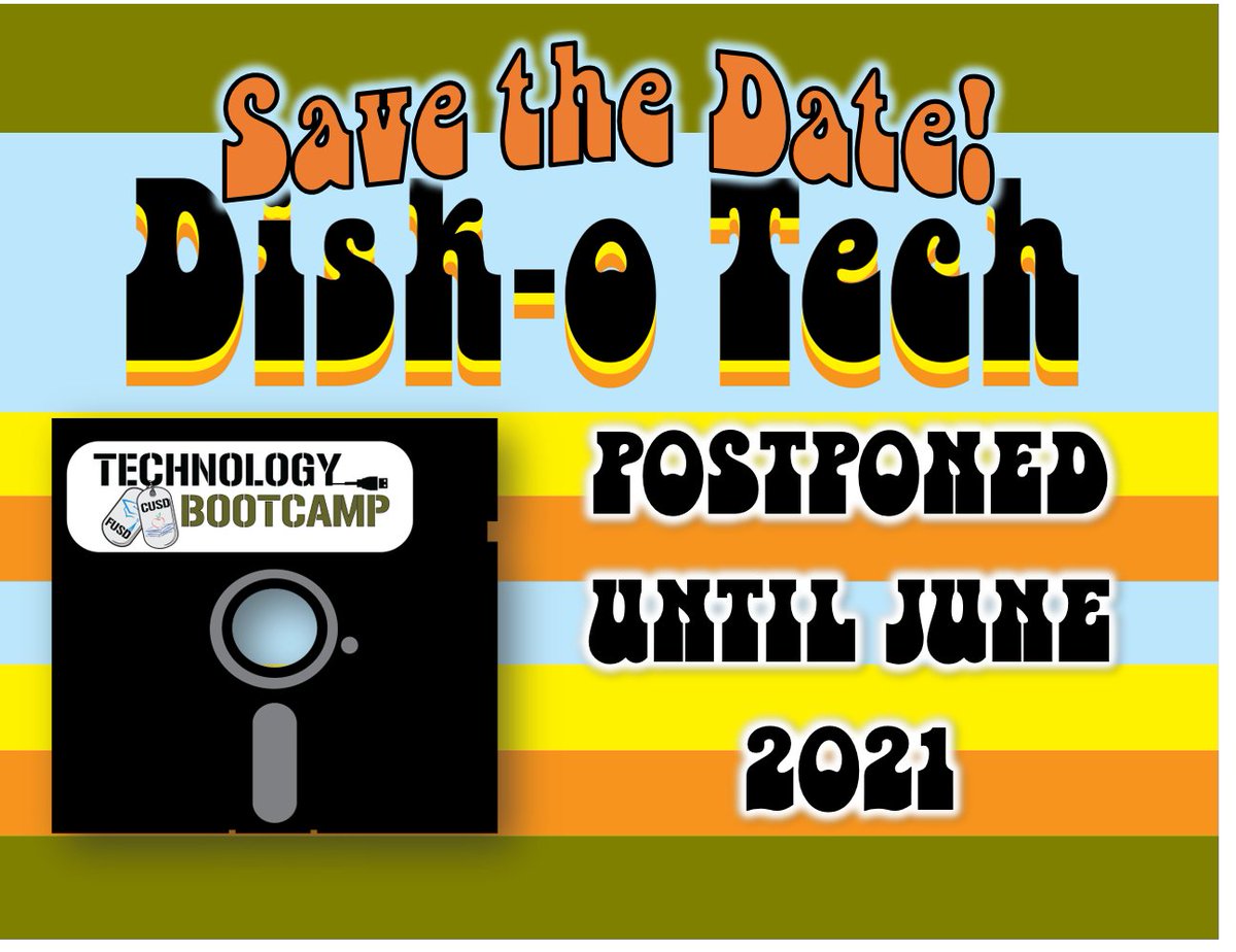 CVTechBootCamp's tweet image. Central Valley Technology Boot Camp DISK-O TECH is postponed until June 2021. This just gives you more time to find those bell-bottom jeans and that bomb shirt!  Also, check out CV CUE&apos;s online conference this weekend! @cvcue @FresnoEdTech  cvcue.org