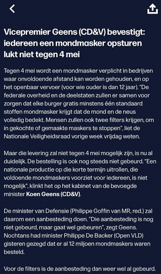 1 = Mondmaskers zijn (soms) verplicht vanaf 4 mei
2 = De levering voor 4 mei is onmogelijk.
3 = De bestelling is nog niet gebeurd