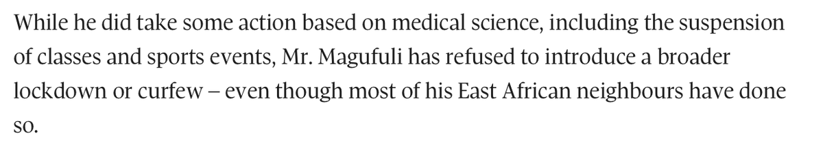 6./Then you look and only find only 1 paragraph out of 5 where Geoffrey York et al.'s article attempt to at least mention some scientific measures taken,but only as a foil to present what they see as arguably the ideal measures for combating  #coronavirus in  #Tanzania/ #EastAfrica.