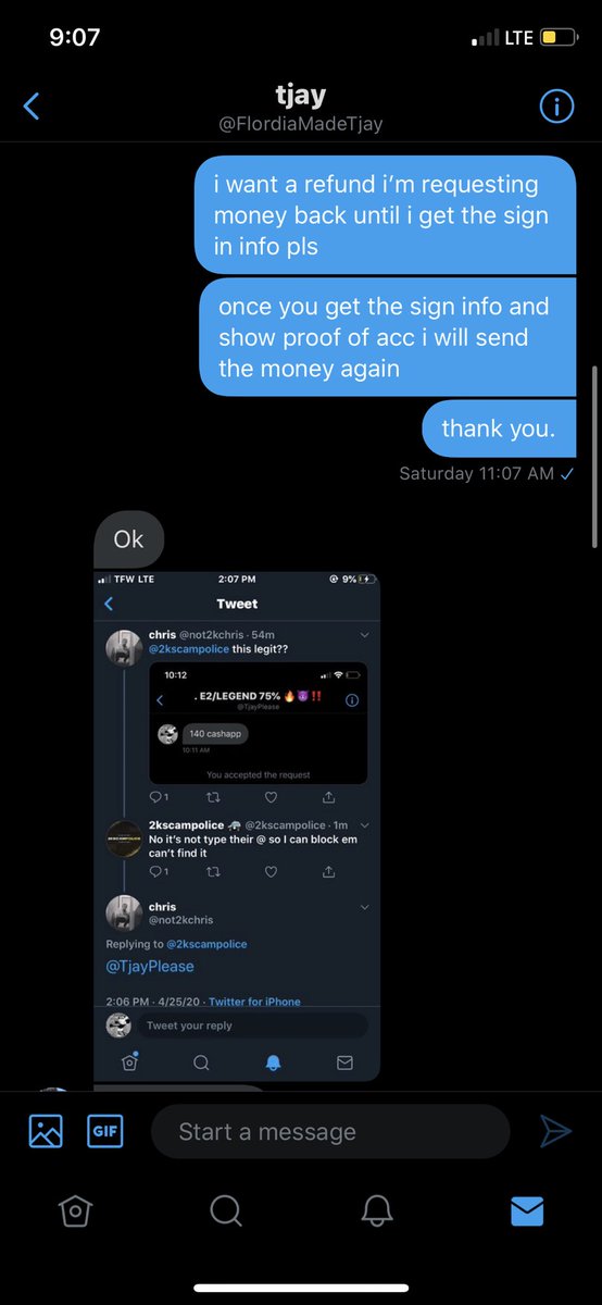not2kchris's tweet photo. BE AWARE @FlordiaMadeTjay IS A SCAMMER. was going to buy an ELITE 2 acc off him@for a $100 and he just stopped replying after i sent the money. Still hasn’t replied either. @2kscampolice @WalkOnWarriors @2KHUNTSEARCH @2KCrewFinder @FindCompHere @2kCompGames https://t.co/7qNBzkC3HK
