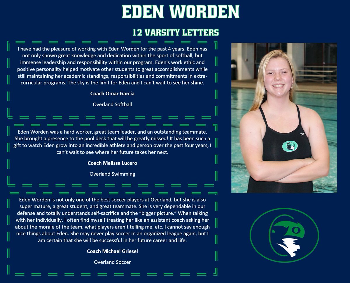 WeAreOverland's tweet photo. Today we celebrate Senior Eden Worden! Eden is a 12 Letter Winner, something that has been accomplished only a couple of times in the long, storied history of Overland. Congratulations on an incredible career Eden - you make all of us at “The O” incredibly proud! #BlazerProud https://t.co/xwk5FdARF9
