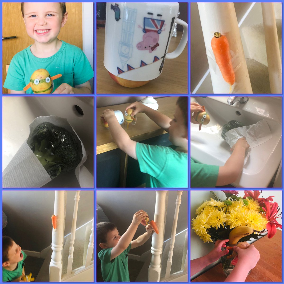 MrsM270's tweet photo. An βevil peaβ escaped from our freezer today and did some cheeky things to our fruit and veg. Luckily Supertato was around to save the day π @StStephens_EYFS #Supertato #eyfs #funhomelearning https://t.co/RGZAQaYgA3