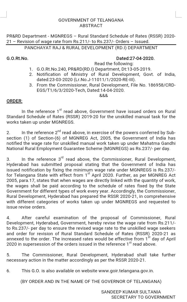 Iprdepartment Pr Rd Department Mgnregs Rural Standard Schedule Of Rates Rssr 21 Revision Of Wage Rate From Rs 211 To Rs 237 Orders Issued T Co Jfpdj29rj1