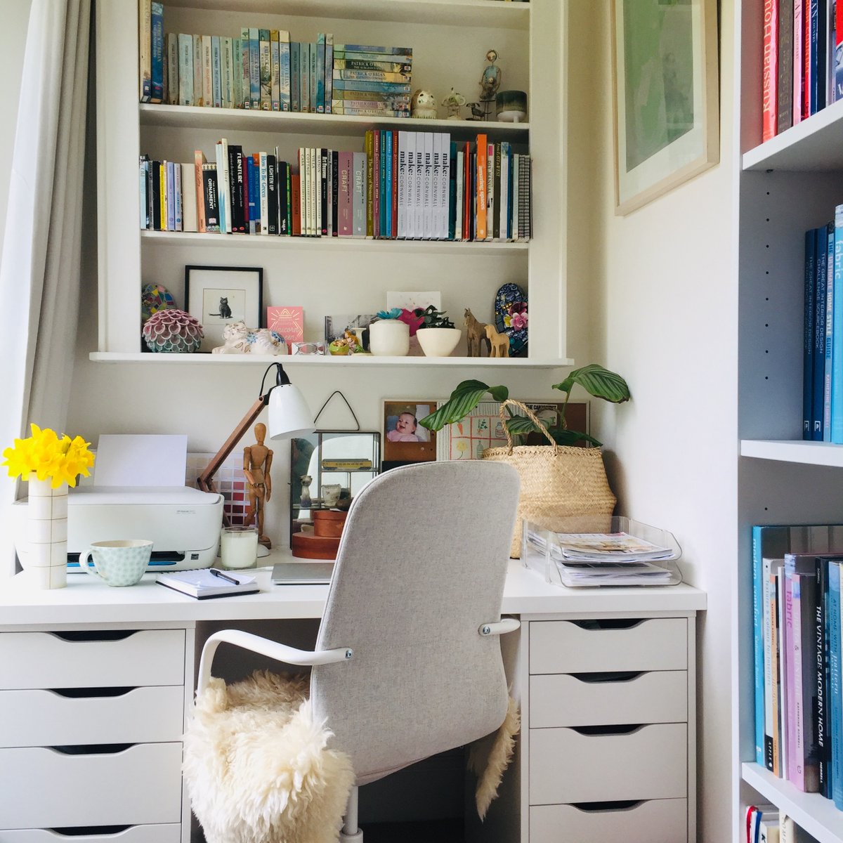 Now that everyone's #workingfromhome I thought I'd share my little workspace. It's right by a window where I can see the apple blossom and watch the seagulls. I've actually been freelance for decades, but finally landed in this corner of our spare bedroom recently, and I love it!