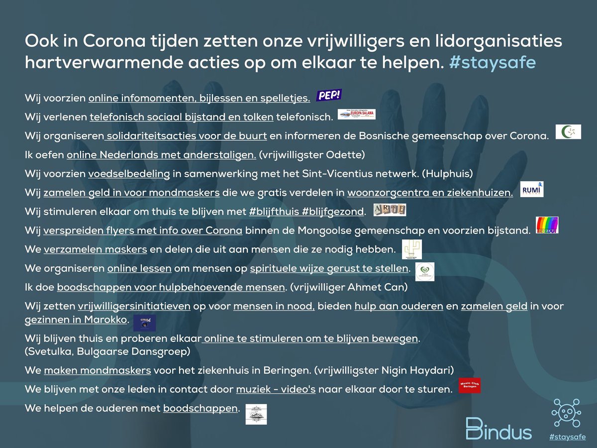 bindus_vzw's tweet photo. Belang van verenigingen en vrijwilligers komt in deze moeilijke tijden nogmaals naar boven #solidariteit #verenigingen #corona #covid19 #vrijwilligers #staysafe #verspreidsoldariteit #hulpactie #vlaanderenhelpt #bindus https://t.co/DCglgv0y6e