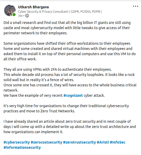 U7KAR5H's tweet photo. I did a small survey and identified many interesting stuffs about the big IT giants.

#CyberSecurity  #WorkFromHome  #RemoteWork  #InfoSec  #ZeroCostSecurity  #ZeroTrustNetwork #Aristi https://t.co/awDaXbH8pb
