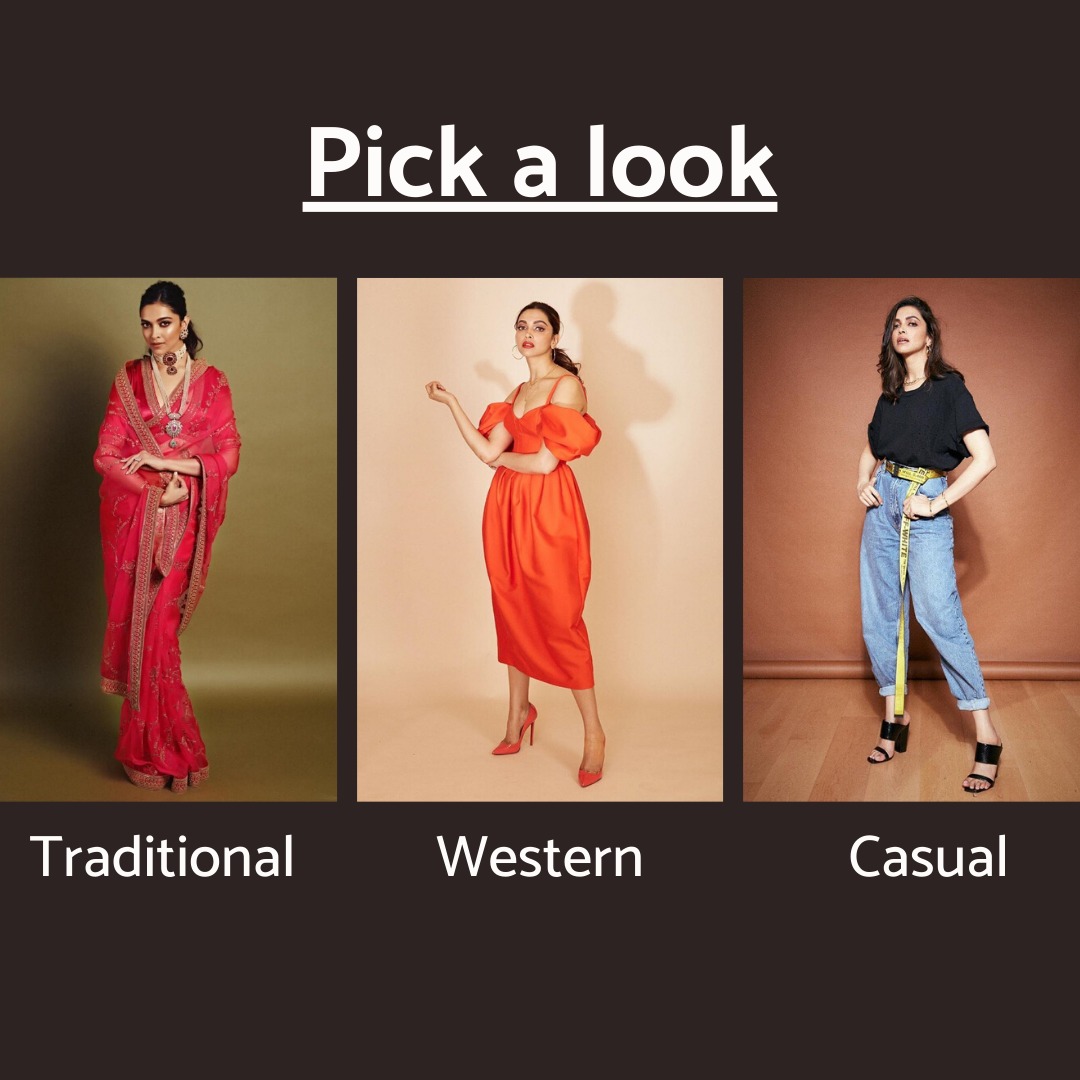 DeepikaHolics's tweet photo. Which one do you like the best? @deepikapadukone #DeepikaPadukone #PickALook #beauty #outfits https://t.co/3bmuwMwmQ4