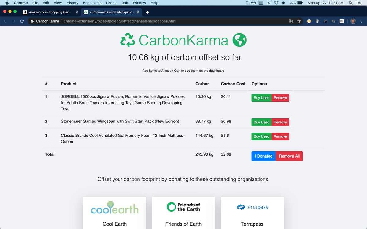 a_arongu's tweet photo. Another weekend, another hackathon! @brianyu8, Rashid and I participated in #EarthxHack and built a Chrome extension that tracks CO2 emissions of Amazon purchases and gives shoppers an intuitive way to see their impact on the environment. https://t.co/VfhhjtTtkg