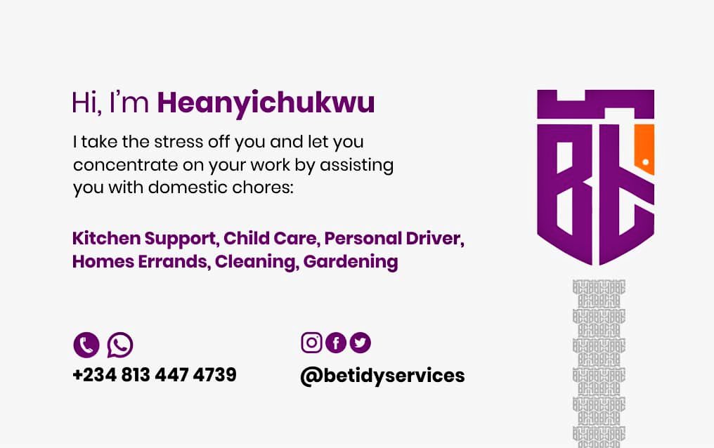 betidyservice's tweet photo. @MaQzilla @HWokocha @IbimBoyle @ogaparrot @Dillyphiancee1 @sellitinPHnow @Kaylachi1 @allenelhart @Bhummie @charles_ogb_ @Jayvine30 @Manlike_ED We Take the Stress off You and Let You Concentrate On Your Work By Assisting With Your Domestic Chores... Pls Rt My Client is in Your TL @iamemekanobis @Valhalla_X0 @ronaldnzimora @akinalabi #LeaveTheErrandsForUs #BetidyServices #ShieldFromStress https://t.co/93XX60CfLj