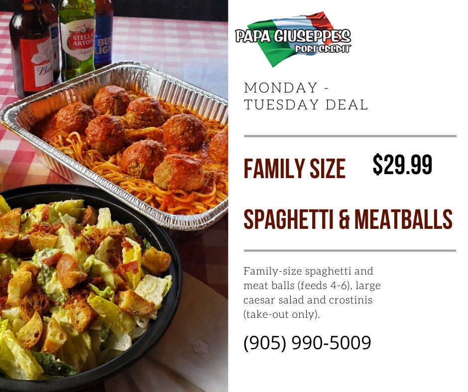 We had so many requests for our famous spaghetti &amp; meatballs that we are bringing it back for a 2 day special appearance. Monday and Tuesday, only, get a family sized spaghetti and meatballs, with large Caesar salad and crostini's for only $29.99.Call early (1-3) if you can.