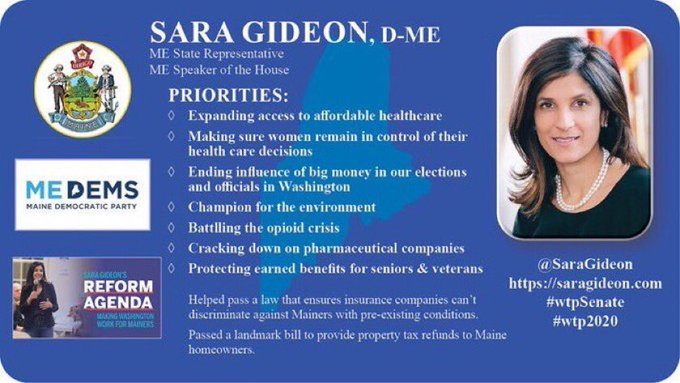 Mainers unite!

• Farmers
• Construction
• Healthcare
• Postal workers
• Educators
• Small business

Send pearl clutching Susan Collins home. 

You’ll be in good hands with Sara Gideon - Democrat for Maine Senate!

#wtp2020
@wtp__2020
#wtp295