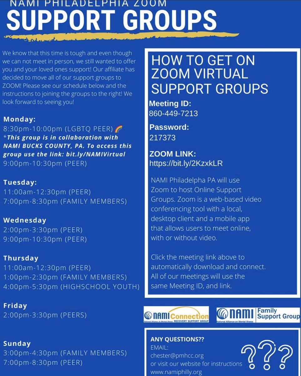 The <a href="/NAMI_PHILA/">NAMI Philadelphia</a> family has moved all of their support groups online via ZOOM! They have a full schedule, with at least one support group each day. For a list of NAMI affiliates statewide that are offering virtual meetings and support, visit namikeystonepa.org/coronavirus.