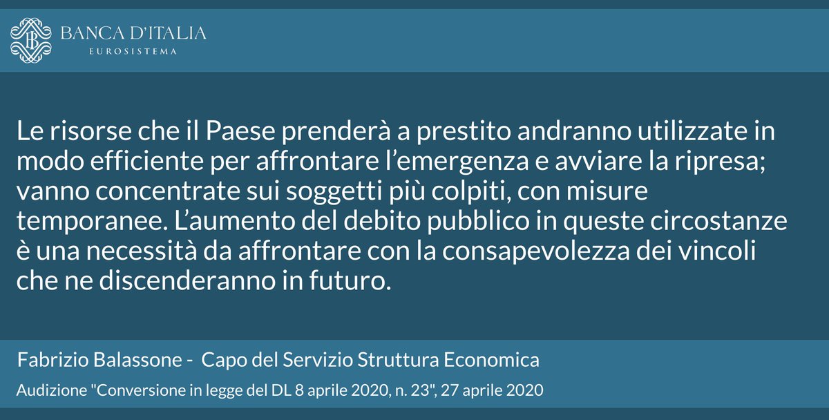 bancaditalia's tweet photo. L’entità dell’impegno finanziario appare ingente, soprattutto considerando le ulteriori misure annunciate dal Governo. Lo ha detto Fabrizio #Balassone #Bankitalia in audizione a @Montecitorio su conversione in legge del DL #Liquidità. Leggi qui il testo: https://t.co/nNor8cfOrX https://t.co/p8tEQJf9ni