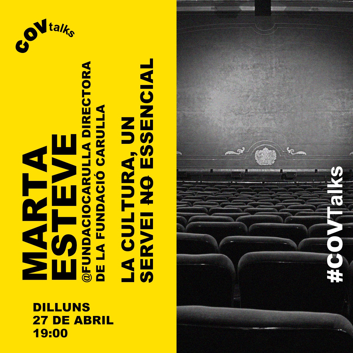 FundacioCarulla's tweet photo. D'aquí una hora comença la @COVtalksIG de la @martaesteve_za! 

Parlarem de la cultura després del COVID-19 i de la cultura com a element essencial per superar aquesta crisi.

Entreu-hi i digueu la vostra des del xat!

Al nostre canal d'Instagram 👇
 https://t.co/gyVo8Ml39x https://t.co/jl1MPa2Aua