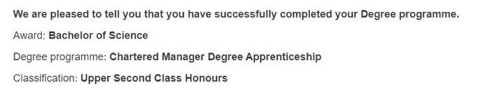 Over the moon today to find out I will be graduating from Aston University with Upper Second Class Honours. 
I feel extremely fortunate and I can’t recommend the #DegreeApprenticeship path enough 🙌🏻
Thank you @CapgeminiUK  for this amazing opportunity ❤️👩🏼‍🎓