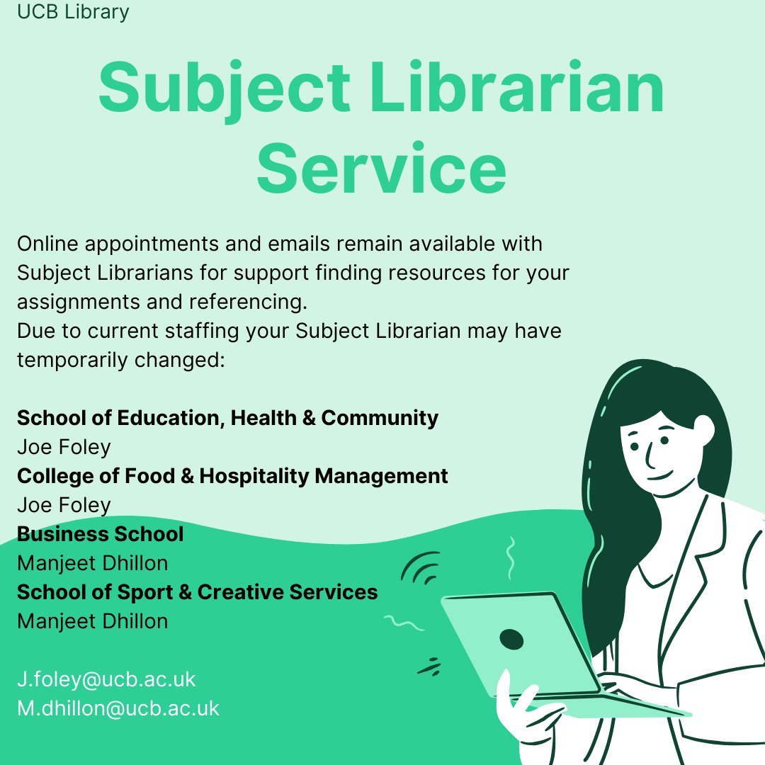 The Subject Librarian Service is still available for appointments and emails - get in touch so we can help you find resources for your assignments 💻👍
