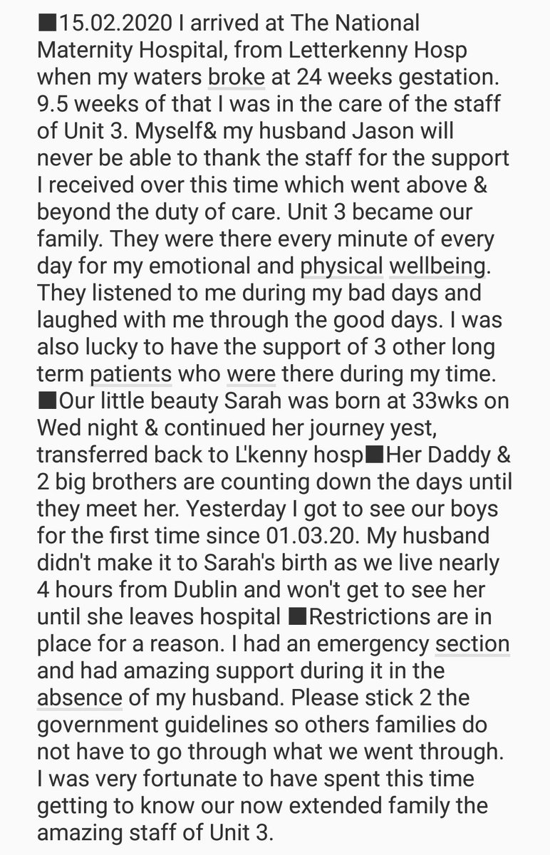 My positive experience of spending 10 weeks in  <a href="/_TheNMH/">The National Maternity Hospital</a> and delivering a healthy baby during lockdown. Cannot wait for lockdown to lift so we can get back to thank the hospital properly #COVID19 #Frontliners <a href="/DrShaneHiggins8/">Professor Shane Higgins</a> <a href="/Marybrosnan13/">Mary brosnan</a> <a href="/SimonHarrisTD/">Simon Harris TD</a>