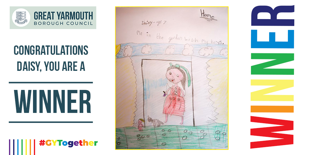 greatyarmouthbc's tweet photo. And the winner of the first week of #GYTogether, whose drawing was chose by the Mayor, is Daisy, aged 7. ππ» Well done Daisy! The theme last week was βWhat does home mean to you?β To the winner Daisy, home means playing in the garden with her toys. π‘ https://t.co/m54kd9As6j