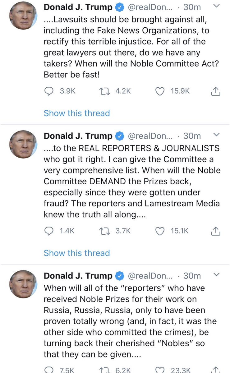 The decompensation can be seen in the mixing of perceived longstanding obsessive grievances, his denial of the Nobel/Noble and fake journalists getting the Pulitzer for covering “fake” Russia story. Narcissistic injury threatens to expose him and the stress erodes his defenses.