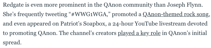 Last night, Trump retweeted Barbara Redgate, Michael Flynn's sister. Redgate has expressed her support for QAnon, repeatedly tweeting the QAnon slogan and appearing on a major QAnon YouTube channel.  https://thedailybeast.com/michael-flynns-family-is-at-war-with-each-other-over-qanon