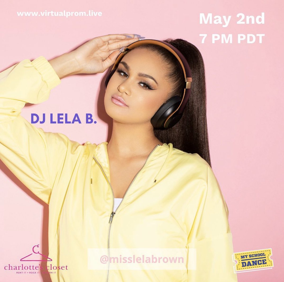 Next Weekend we have many awesome DJ surprises for you, including our DJ..... drumroll ... <a href="/DJLelaB/">DJ Lela B</a> 
Saturday May 2nd starting at 6:30 PDT. Be sure to register! 
 #myschooldance #djlelab #lelabrown #virtualprom