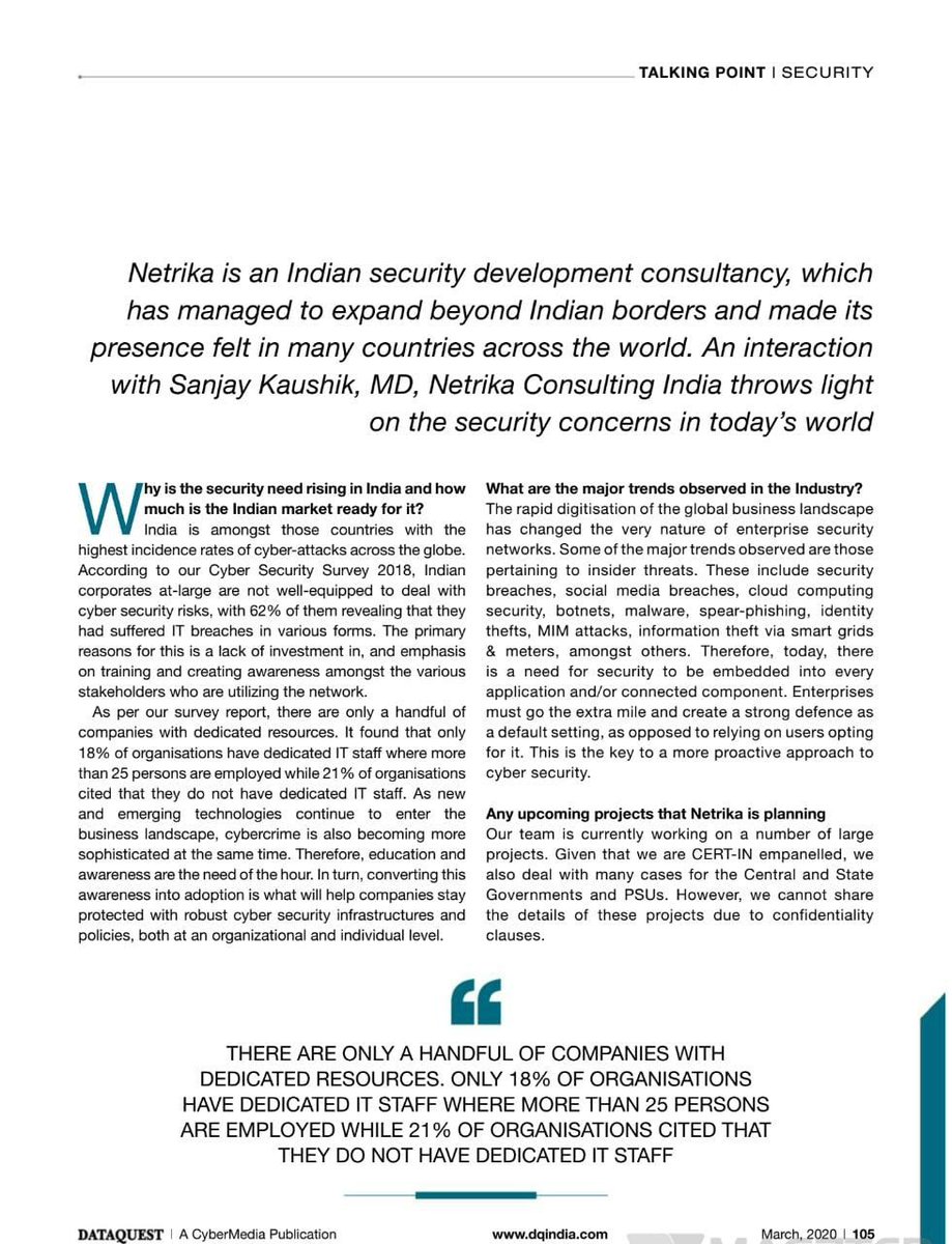 Netrika_PvtLtd's tweet photo. Sanjay Kaushik, Managing Director, Netrika Consulting India, shared his views on the #security concerns rising in India nowadays. In the article covered by Data Quest.

Read Below-

#Security #corporatesecurity #Securingtheworld #CyberSecurity #Dataprotection #CertIn #phishing https://t.co/QNpRwM4MKS