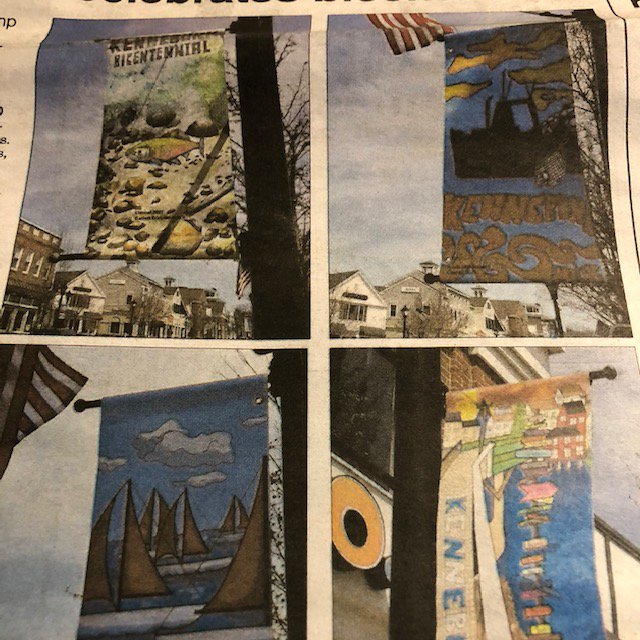 KennebunkHigh's tweet photo. Congratulations to Taylor Creech, Garrett Erickson-Harris, Anela McMichael and KHS grad Linnea Sullivan.  Their banners, painted in Teacher Katie Mooney's class, are hanging in Kennebunk to celebrate the town's bicentennial! https://t.co/fzVkT97Pvw