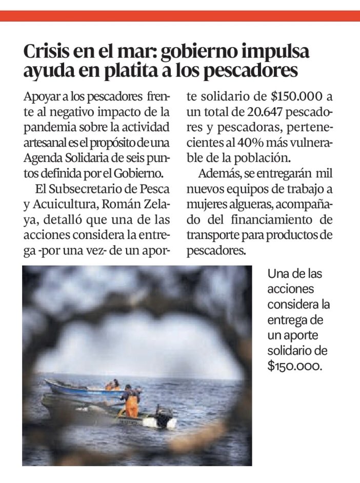 SubpescaCL's tweet photo. A miles de pescadores y pescadoras de todo el país beneficia la Agenda Solidaria definida por el @GobiernodeChile para el sector artesanal, destacan @ElMercurio_cl y @lacuarta🇨🇱#CuidemonosEntreTodos @meconomia @LucasPalaciosC @RomanZelayaR @sernapesca @indespacl https://t.co/zK1wHdzabA