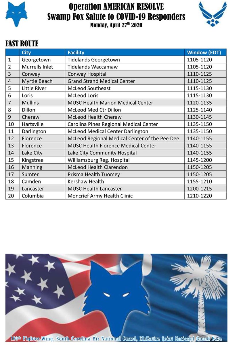 SCNationalGuard's tweet photo. To all first responders, healthcare professionals &amp; citizens of SC, if you are near the locations at approx times posted on the attached, look skyward &amp; know the Airmen from @theSCANG are proud to support and serve with you! #SCGuard  #NationalGuard #AFFlyover #AirForceSalutes https://t.co/t8BRerrU5A