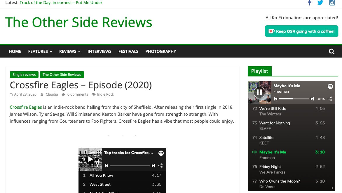 Huge thanks to <a href="/osr_official/">The Other Side Reviews</a> for supporting the new single 'Maybe It's Me' on your Spotify playlist