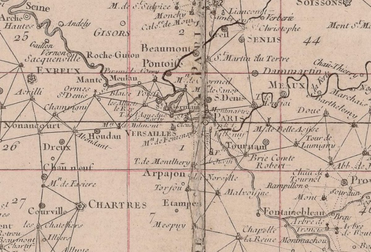 C'est la « Nouvelle carte qui comprend les principaux triangles, qui servent de fondement à la description géométrique de la France »C'est une carte générale du pays, dont l'objectif et la précision sont donc bien éloignés de celle des alentours de Paris.