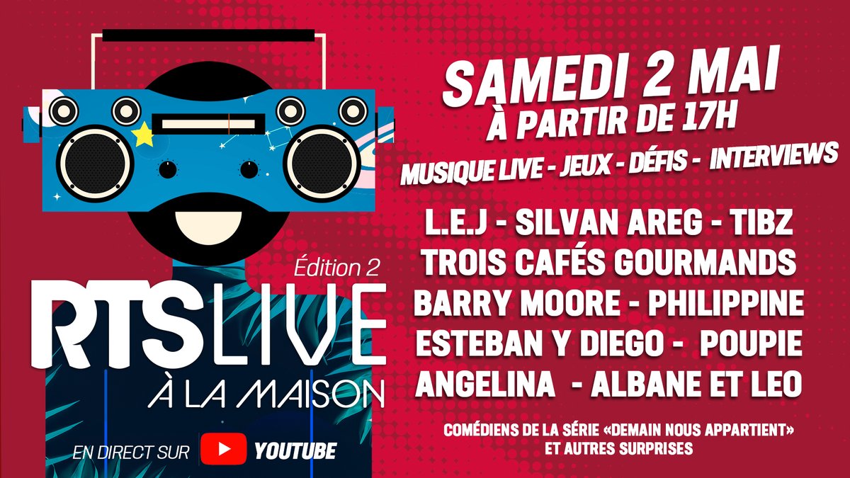 rtslaradiodusud's tweet photo. Nouvelle édition du RTS LIVE à la Maison ce samedi 2 Mai à 17H.
Avec LEJ, @silvanaregoff Trois Cafés Gourmand Angelina Barry Moore Philipine Poupir, Esteban y Diego, Albane et Léo et des acteurs de #DNA
#ConfinementJour42 #live #RTSLIVE #CONCERTATHOME https://t.co/IicW944OYo