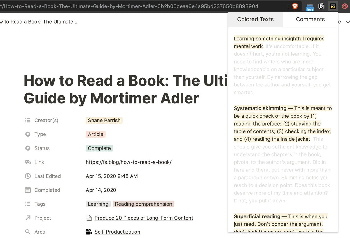 liam_xbt's tweet image. .@NotionHQ&apos;s #WebClipper, combined with the Notion+Mark Manager chrome extension, is an incredible free (desktop) #ReadItLater solution for highlighting/note taking.