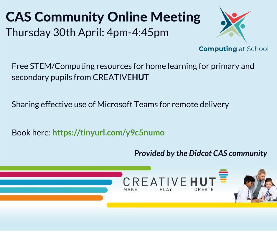 PeterMarshman's tweet image. At the Didcot @CompAtSch online meting @CreativeHutEdu will be sharing free resources for home learning for primary and secondary.  
30th April - 4pm - book your place here
community.computingatschool.org.uk/events/7888
@STEMLearningUK @CodeClub @CodeClubSW @codeclubse @innovativeteach @UTC_Robert